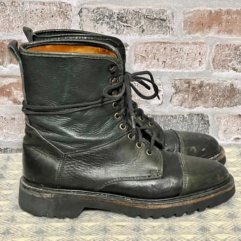 Vtg Cole Hahn Military Style Combat Boots Black/Grn Leather Lace-up Ankle Boots